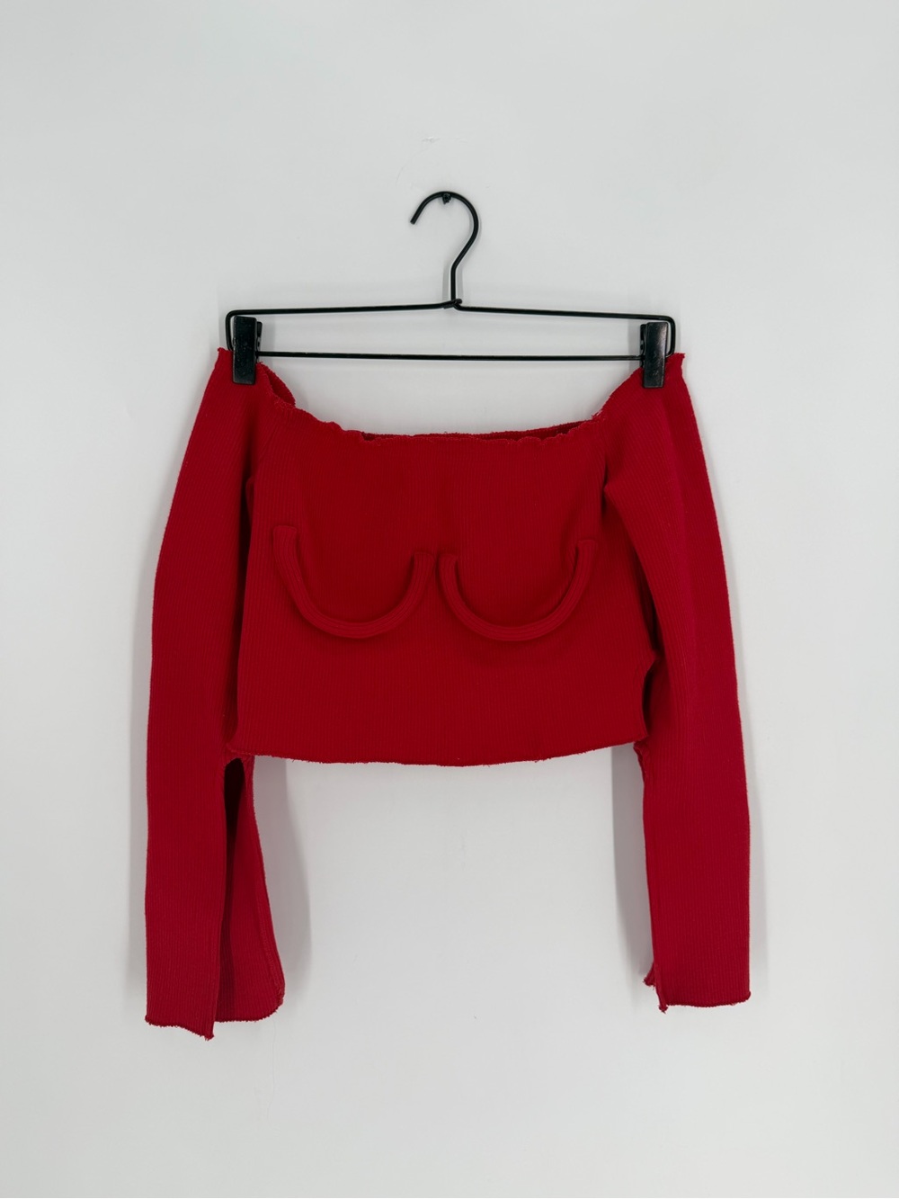 Orseund Iris Underwire Ribbed Off The Shoulder Slit Long Sleeve Top In Red